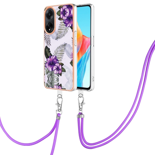 

For OPPO A98 Electroplating IMD TPU Phone Case with Lanyard(Purple Flower)