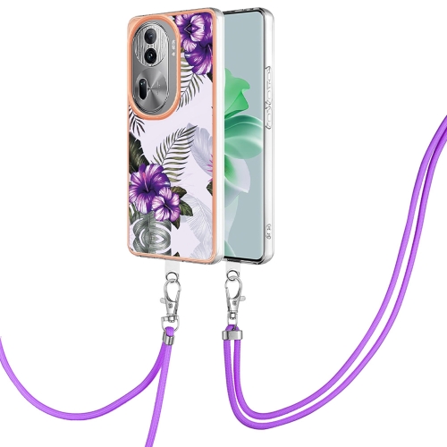 

For OPPO Reno11 Pro 5G Global Electroplating IMD TPU Phone Case with Lanyard(Purple Flower)