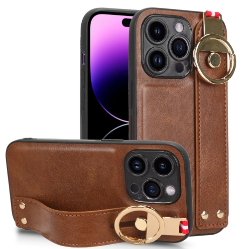 

For iPhone 14 Pro Wristband Leather Back Phone Case(Brown)