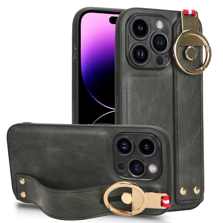 

For iPhone 14 Pro Max Wristband Leather Back Phone Case(Green)