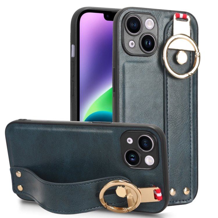 

For iPhone 13 Wristband Leather Back Phone Case(Blue)