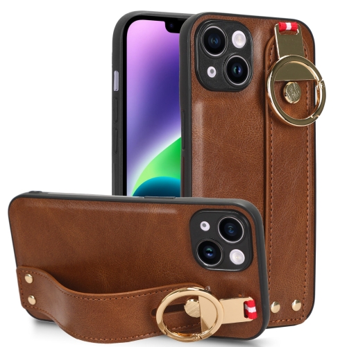

For iPhone 13 Wristband Leather Back Phone Case(Brown)