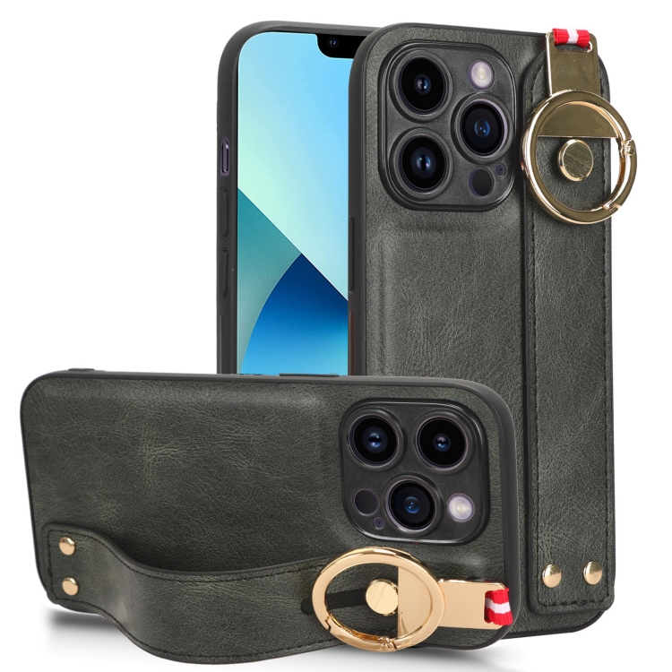 

For iPhone 13 Pro Wristband Leather Back Phone Case(Green)