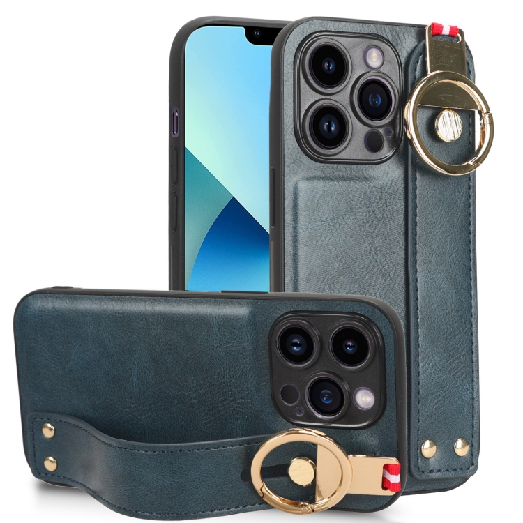 

For iPhone 13 Pro Max Wristband Leather Back Phone Case(Blue)