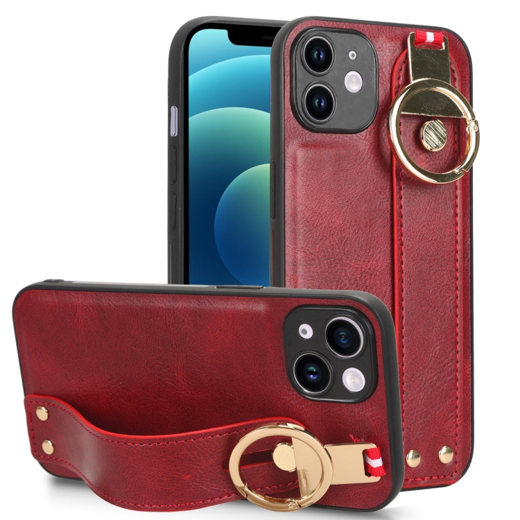 

For iPhone 12 Wristband Leather Back Phone Case(Red)