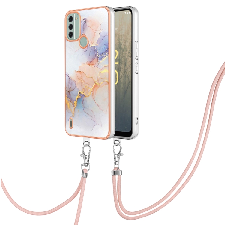 

For Nokia C31 Electroplating IMD TPU Phone Case with Lanyard(White Marble)