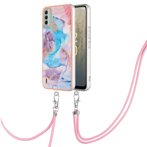 

For Nokia C31 Electroplating IMD TPU Phone Case with Lanyard(Blue Marble)