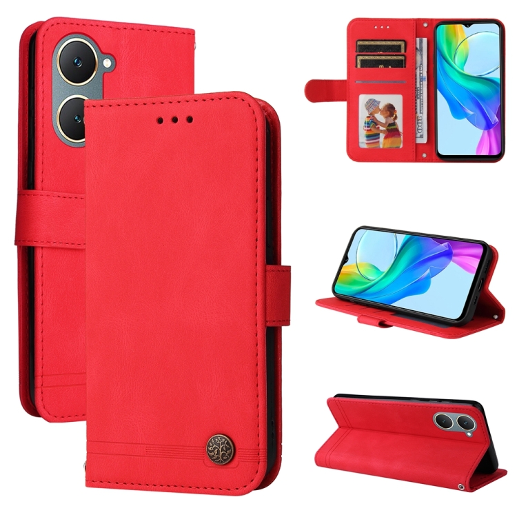 

For vivo Y03 4G Skin Feel Life Tree Metal Button Leather Phone Case(Red)