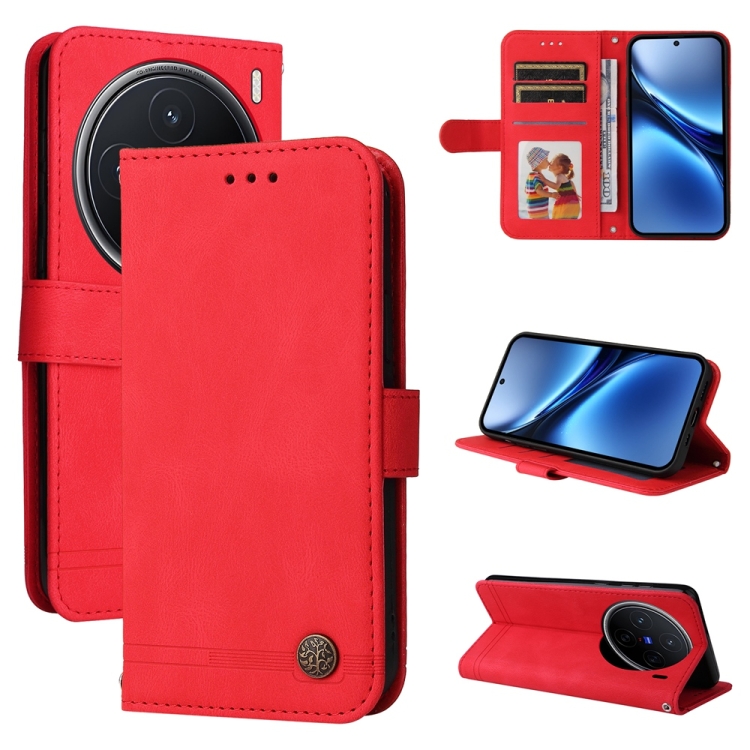 

For vivo X200 Skin Feel Life Tree Metal Button Leather Phone Case(Red)