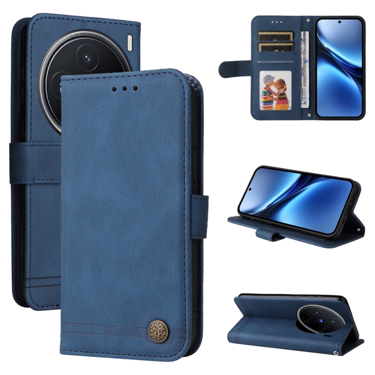 

For vivo X200 Skin Feel Life Tree Metal Button Leather Phone Case(Blue)