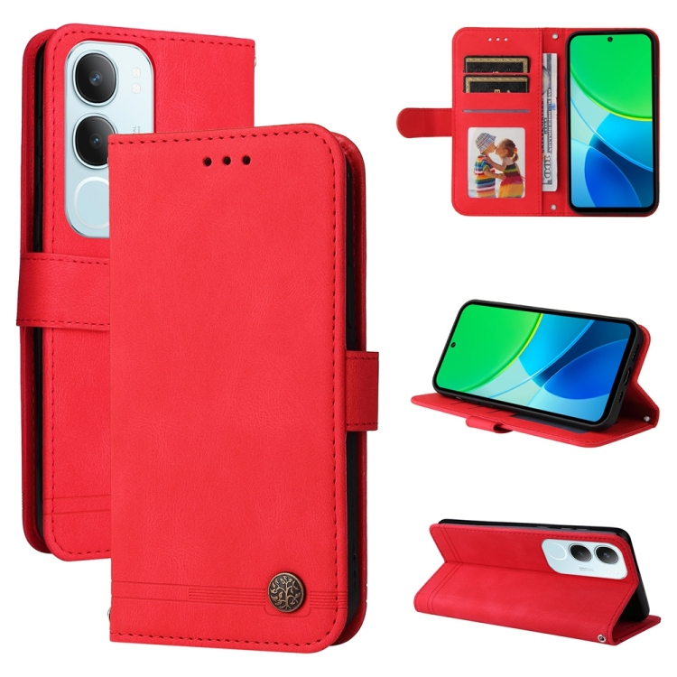 

For vivo Y19s Skin Feel Life Tree Metal Button Leather Phone Case(Red)