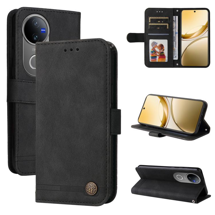 

For vivo V50 Skin Feel Life Tree Metal Button Leather Phone Case(Black)