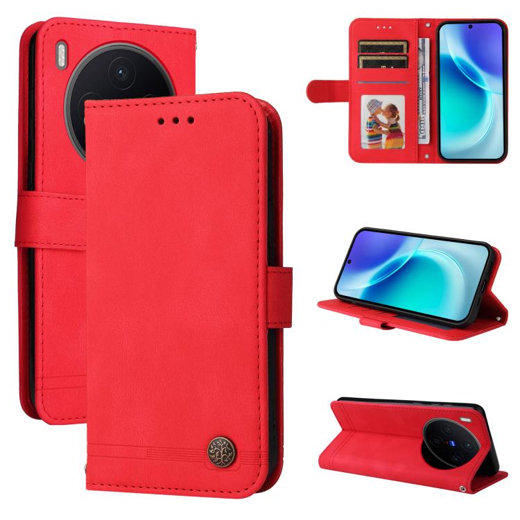 

For vivo X300 Skin Feel Life Tree Metal Button Leather Phone Case(Red)