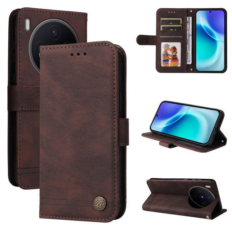 

For vivo X300 Skin Feel Life Tree Metal Button Leather Phone Case(Brown)