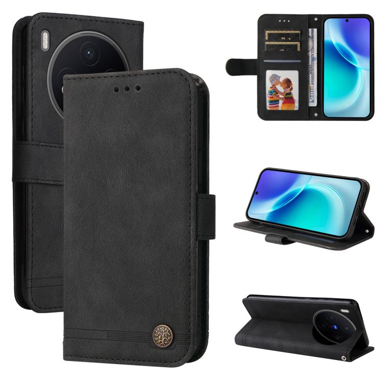 

For vivo X300 Skin Feel Life Tree Metal Button Leather Phone Case(Black)