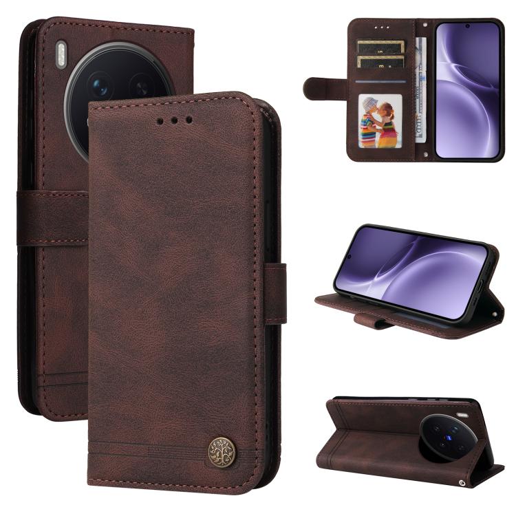 

For vivo X300 Pro Skin Feel Life Tree Metal Button Leather Phone Case(Brown)