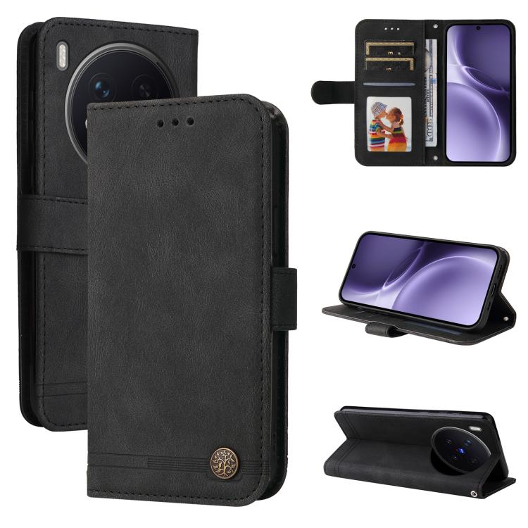 

For vivo X300 Pro Skin Feel Life Tree Metal Button Leather Phone Case(Black)