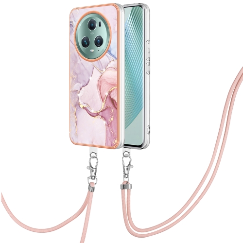 

For Honor Magic5 Pro Electroplating Marble Dual-side IMD Phone Case with Lanyard(Rose Gold 005)