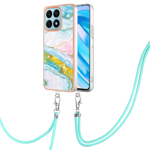 

For Honor X8a Electroplating Marble Dual-side IMD Phone Case with Lanyard(Green 004)