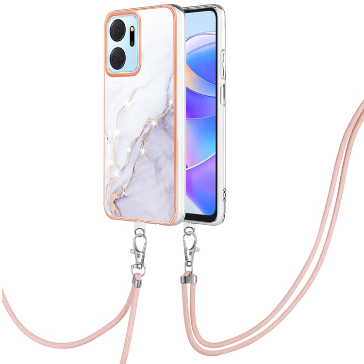 

For Honor X7a Electroplating Marble Dual-side IMD Phone Case with Lanyard(White 006)