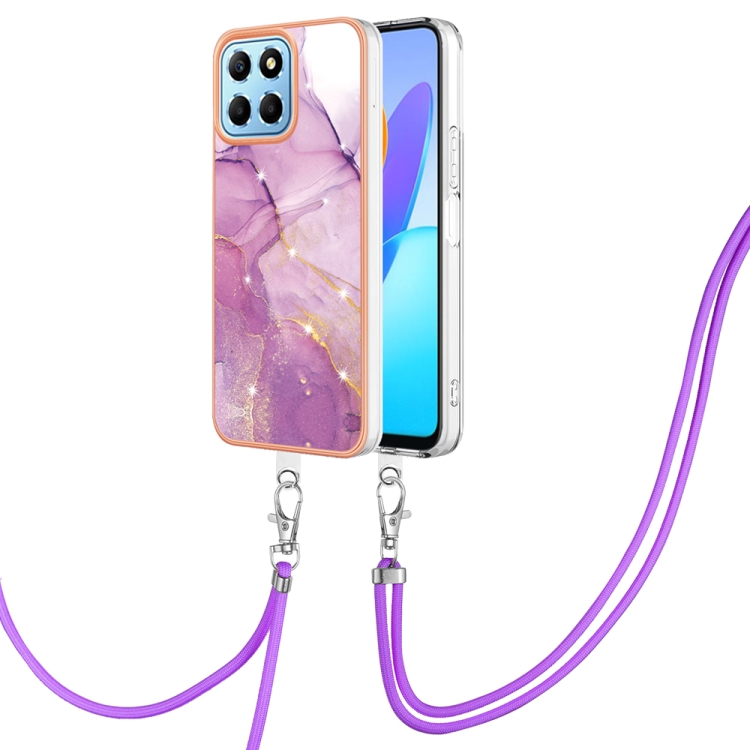

For Honor X8 5G / X6 4G Electroplating Marble Dual-side IMD Phone Case with Lanyard(Purple 001)