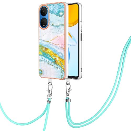 

For Honor X7 Electroplating Marble Dual-side IMD Phone Case with Lanyard(Green 004)