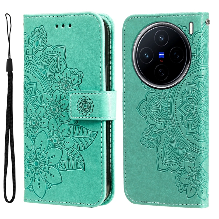 

For vivo X200 Seven-petal Flowers Embossing Leather Phone Case(Green)