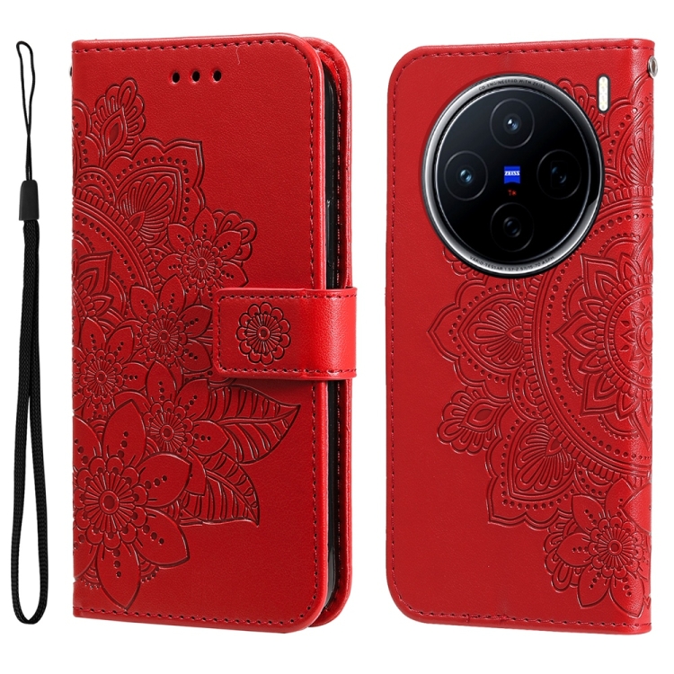 

For vivo X200 Seven-petal Flowers Embossing Leather Phone Case(Red)