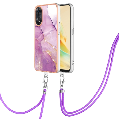 

For OPPO Reno8 T 4G Electroplating Marble Dual-side IMD Phone Case with Lanyard(Purple 001)