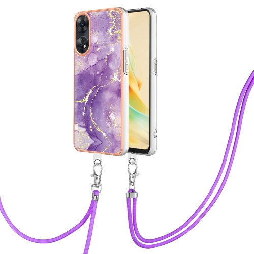 

For OPPO Reno8 T 4G Electroplating Marble Dual-side IMD Phone Case with Lanyard(Purple 002)