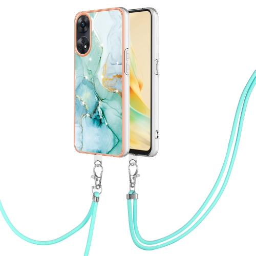 

For OPPO Reno8 T 4G Electroplating Marble Dual-side IMD Phone Case with Lanyard(Green 003)