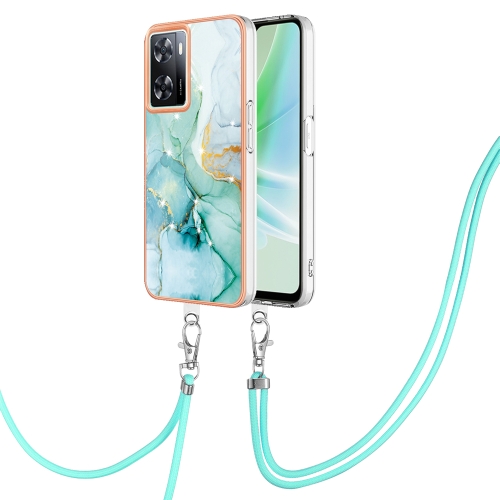 

For OPPO A57 4G/A77 5G Taiwan/K10 5G Global Electroplating Marble Dual-side IMD Phone Case with Lanyard(Green 003)