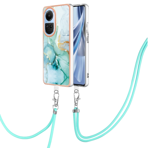 

For OPPO Reno10 5G Global Electroplating Marble Dual-side IMD Phone Case with Lanyard(Green 003)