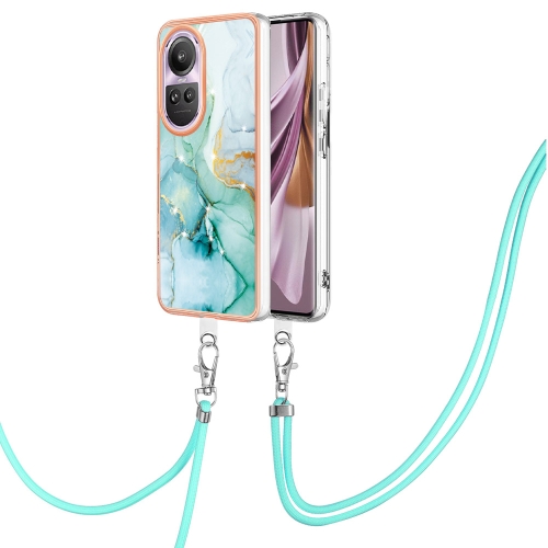 

For OPPO Reno10 Pro 5G Global Electroplating Marble Dual-side IMD Phone Case with Lanyard(Green 003)