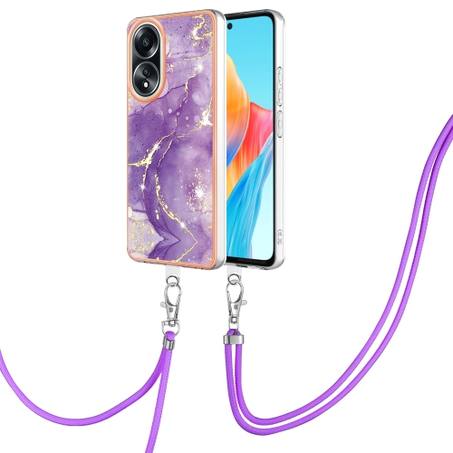 

For OPPO A58 4G Electroplating Marble Dual-side IMD Phone Case with Lanyard(Purple 002)
