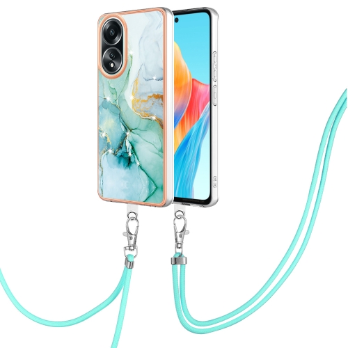 

For OPPO A58 4G Electroplating Marble Dual-side IMD Phone Case with Lanyard(Green 003)