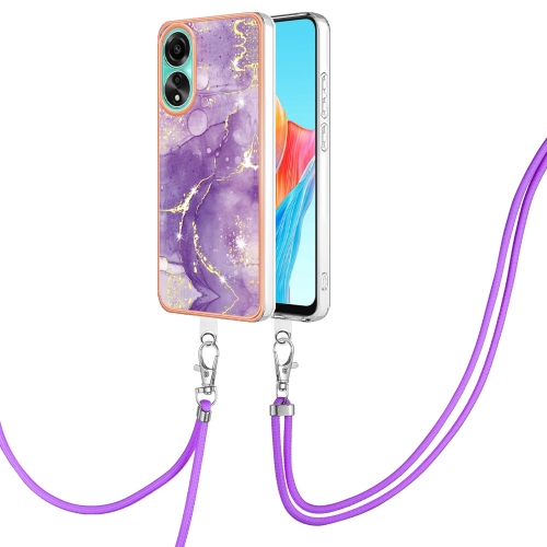 

For OPPO A78 4G Electroplating Marble Dual-side IMD Phone Case with Lanyard(Purple 002)