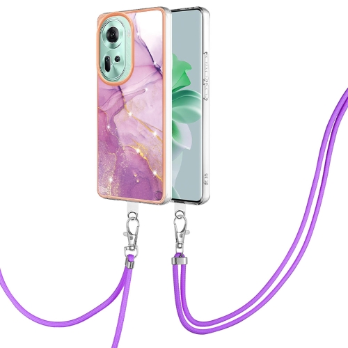 

For OPPO Reno11 5G Global Electroplating Marble Dual-side IMD Phone Case with Lanyard(Purple 001)