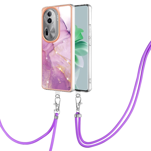 

For OPPO Reno11 Pro 5G Global Electroplating Marble Dual-side IMD Phone Case with Lanyard(Purple 001)