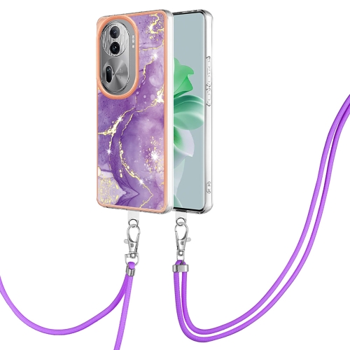 

For OPPO Reno11 Pro 5G Global Electroplating Marble Dual-side IMD Phone Case with Lanyard(Purple 002)