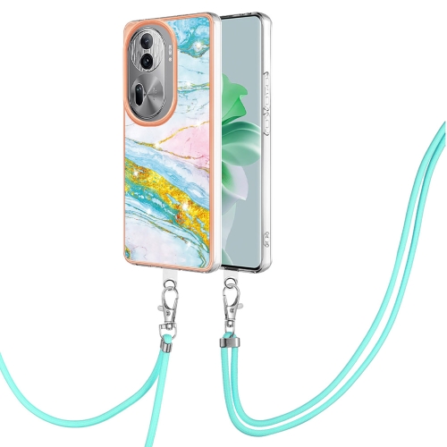 

For OPPO Reno11 Pro 5G Global Electroplating Marble Dual-side IMD Phone Case with Lanyard(Green 004)
