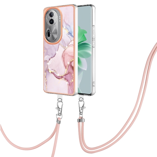 

For OPPO Reno11 Pro 5G Global Electroplating Marble Dual-side IMD Phone Case with Lanyard(Rose Gold 005)