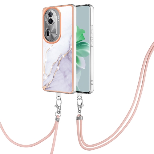 

For OPPO Reno11 Pro 5G Global Electroplating Marble Dual-side IMD Phone Case with Lanyard(White 006)