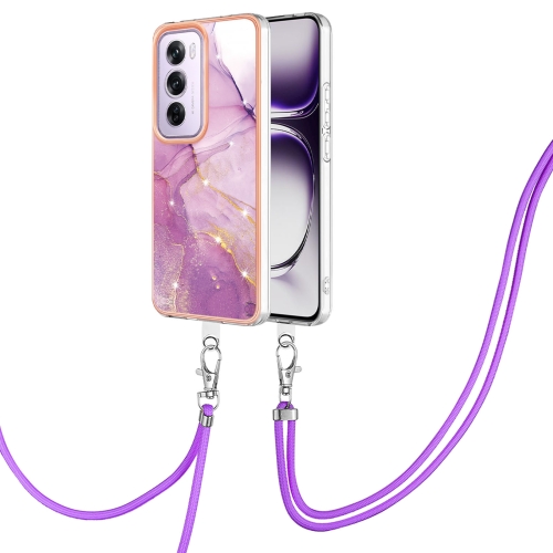 

For OPPO Reno12 Pro Global Electroplating Marble Dual-side IMD Phone Case with Lanyard(Purple 001)