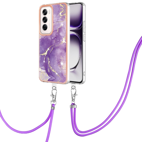 

For OPPO Reno12 Global Electroplating Marble Dual-side IMD Phone Case with Lanyard(Purple 002)