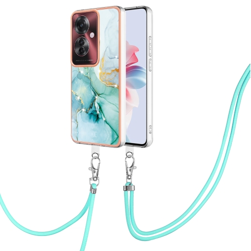 

For OPPO Reno11 F 5G Global Electroplating Marble Dual-side IMD Phone Case with Lanyard(Green 003)