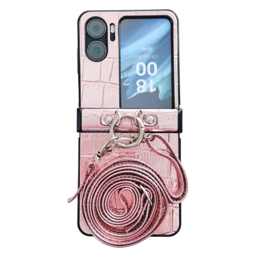 

For OPPO Find N2 Flip Crocodile Pattern Glitter Powder Shockproof Phone Case with Lanyard and Ring Holder(Rose Gold)