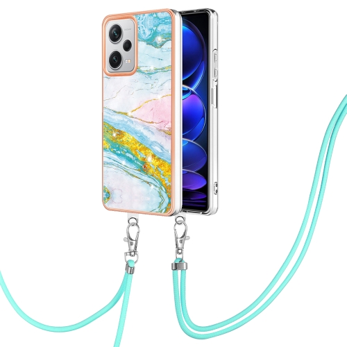 

For Xiaomi Redmi Note 12 Pro+ Global Electroplating Marble Dual-side IMD Phone Case with Lanyard(Green 004)