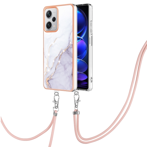  For Xiaomi Redmi Note 12 Pro+ Global Electroplating Marble Dual-side IMD Phone Case with Lanyard(White 006)