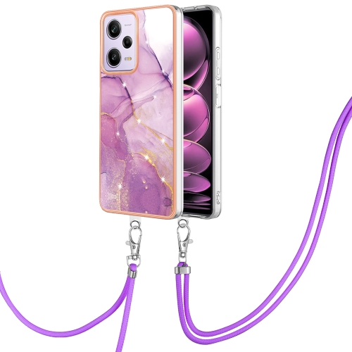 

For Xiaomi Redmi Note 12 Pro 5G Global Electroplating Marble Dual-side IMD Phone Case with Lanyard(Purple 001)